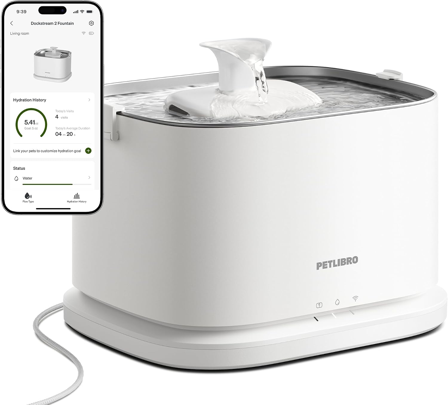 PETLIBRO Upgrade Cat Water Fountain Stainless Steel Tray, Dockstream 2 Cat Fountain Indoor, 3L/101oz Auto Cat Fountains for Drinking, App Monitoring Pet Water Fountain Dog, 5G WiFi Cat Water Dispenser