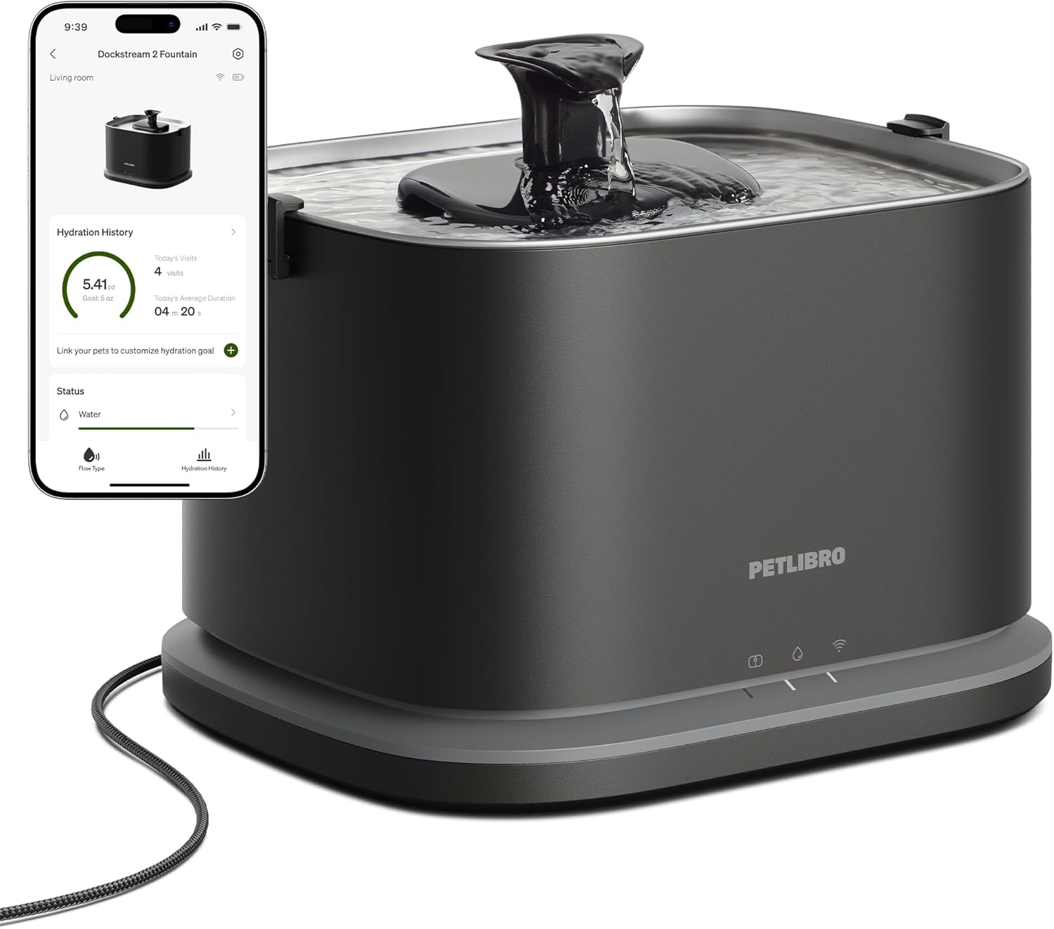 PETLIBRO Upgrade Cat Water Fountain Stainless Steel Tray, Dockstream 2 Cat Fountain Indoor, 3L/101oz Auto Cat Fountains for Drinking, App Monitoring Pet Water Fountain Dog, 5G WiFi Cat Water Dispenser