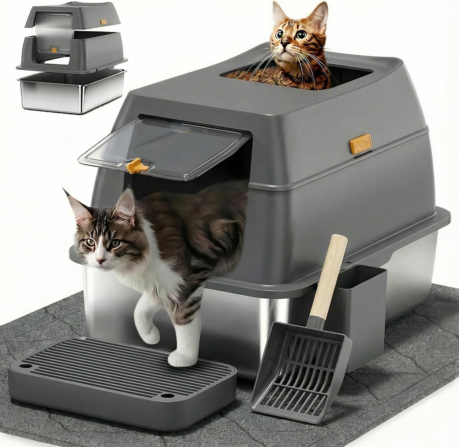 Stainless Steel Litter Box with Lid,Front Entry Top Exit Kitty LitterBox,Extra Large Enclosed Metal Cat Box with Litter Scoop & Litter Mat-Black